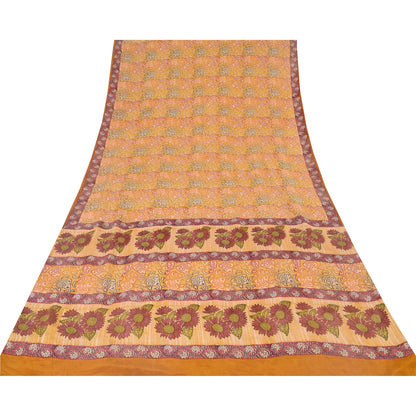 Sanskriti Vintage Sarees Saffron Pure Crepe Silk Printed Sari 5yd Craft Sustainable Fabric