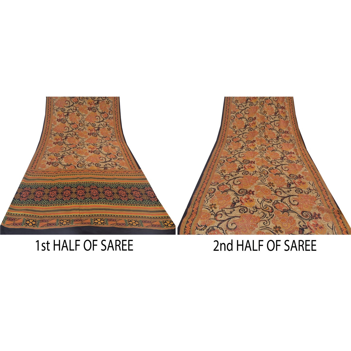 Sanskriti Vintage Sarees Orange 100% Pure Crepe Silk Print Sari 5yd Craft Sustainable Fabric