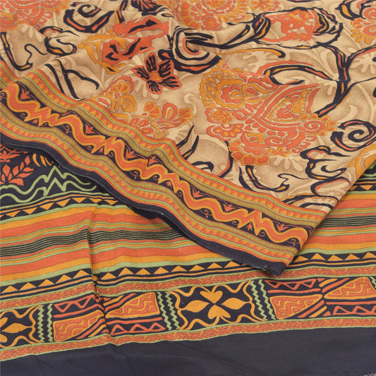 Sanskriti Vintage Sarees Orange 100% Pure Crepe Silk Print Sari 5yd Craft Sustainable Fabric