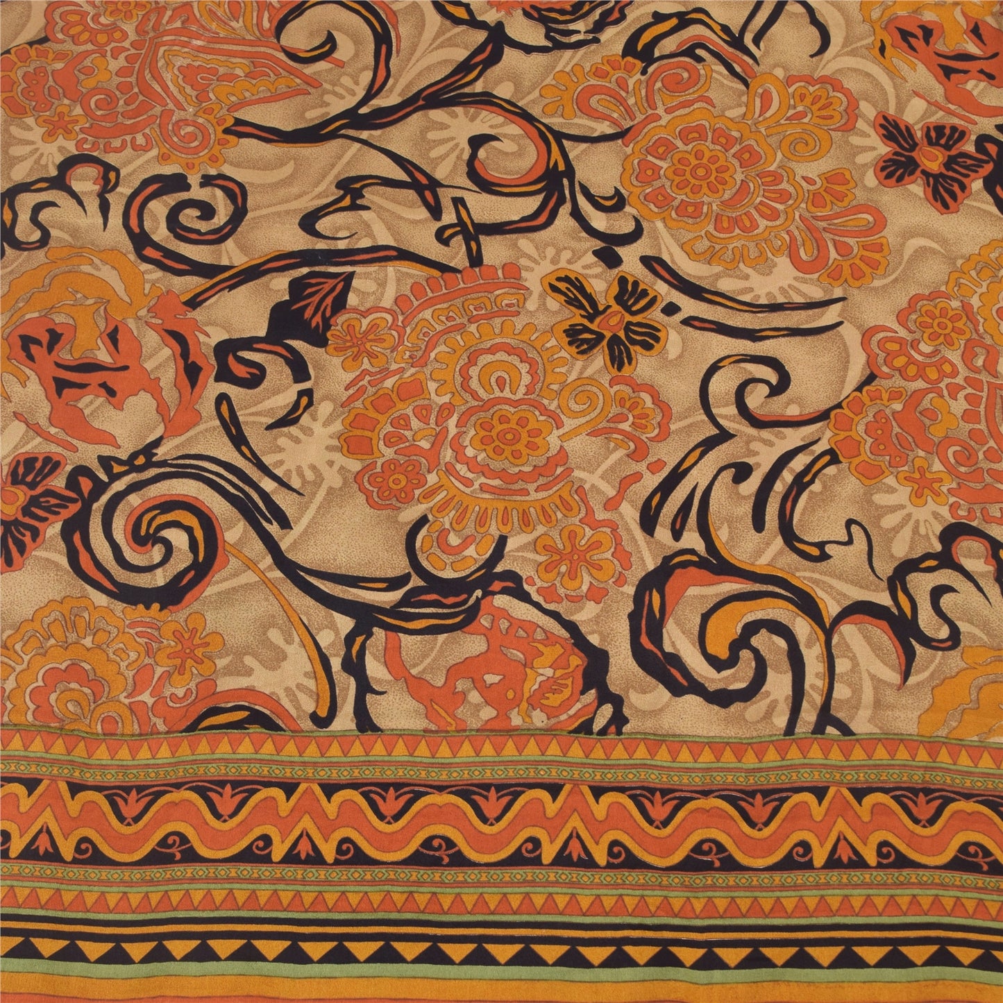 Sanskriti Vintage Sarees Orange 100% Pure Crepe Silk Print Sari 5yd Craft Sustainable Fabric