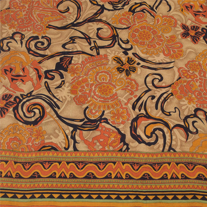 Sanskriti Vintage Sarees Orange 100% Pure Crepe Silk Print Sari 5yd Craft Sustainable Fabric