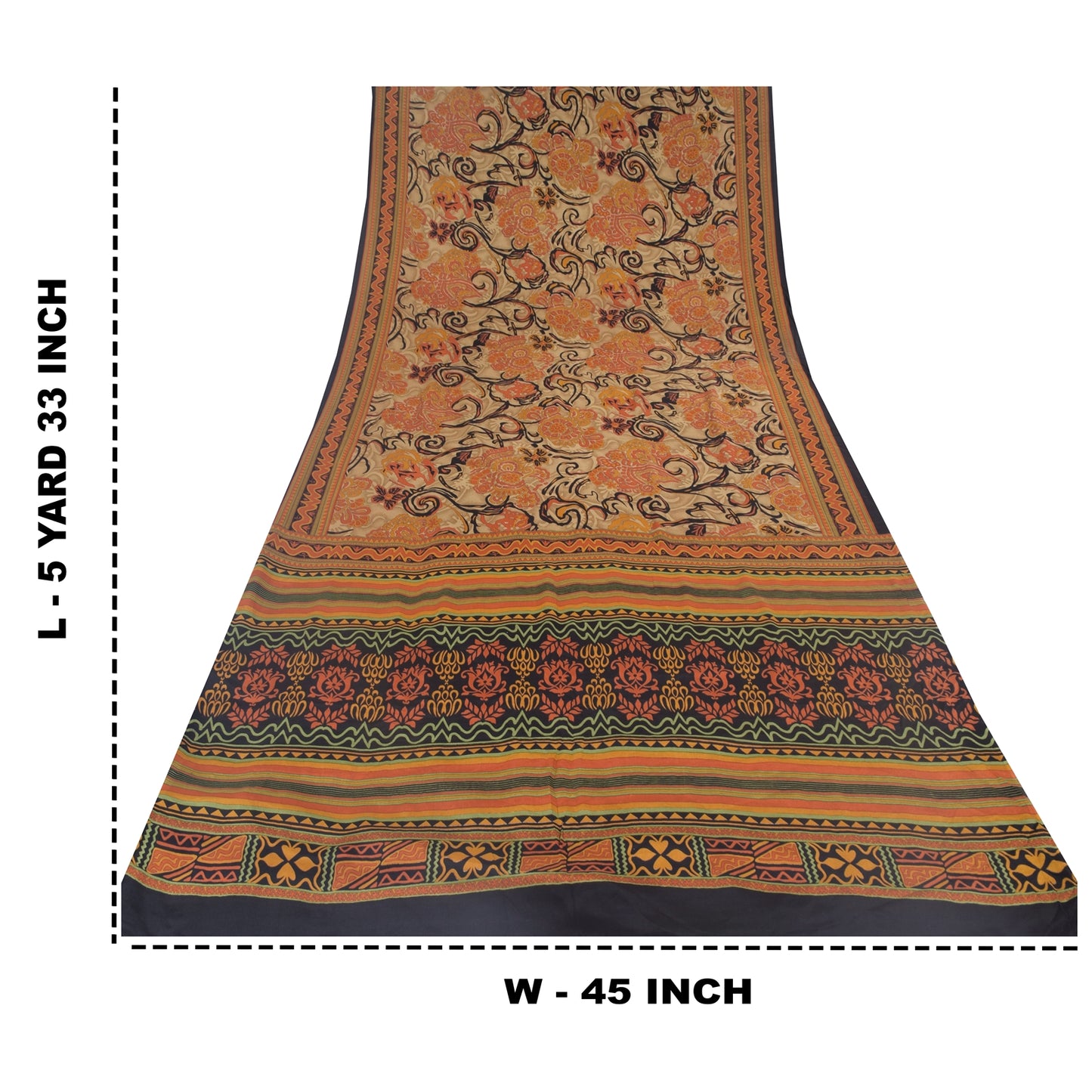 Sanskriti Vintage Sarees Orange 100% Pure Crepe Silk Print Sari 5yd Craft Sustainable Fabric