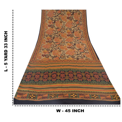 Sanskriti Vintage Sarees Orange 100% Pure Crepe Silk Print Sari 5yd Craft Sustainable Fabric