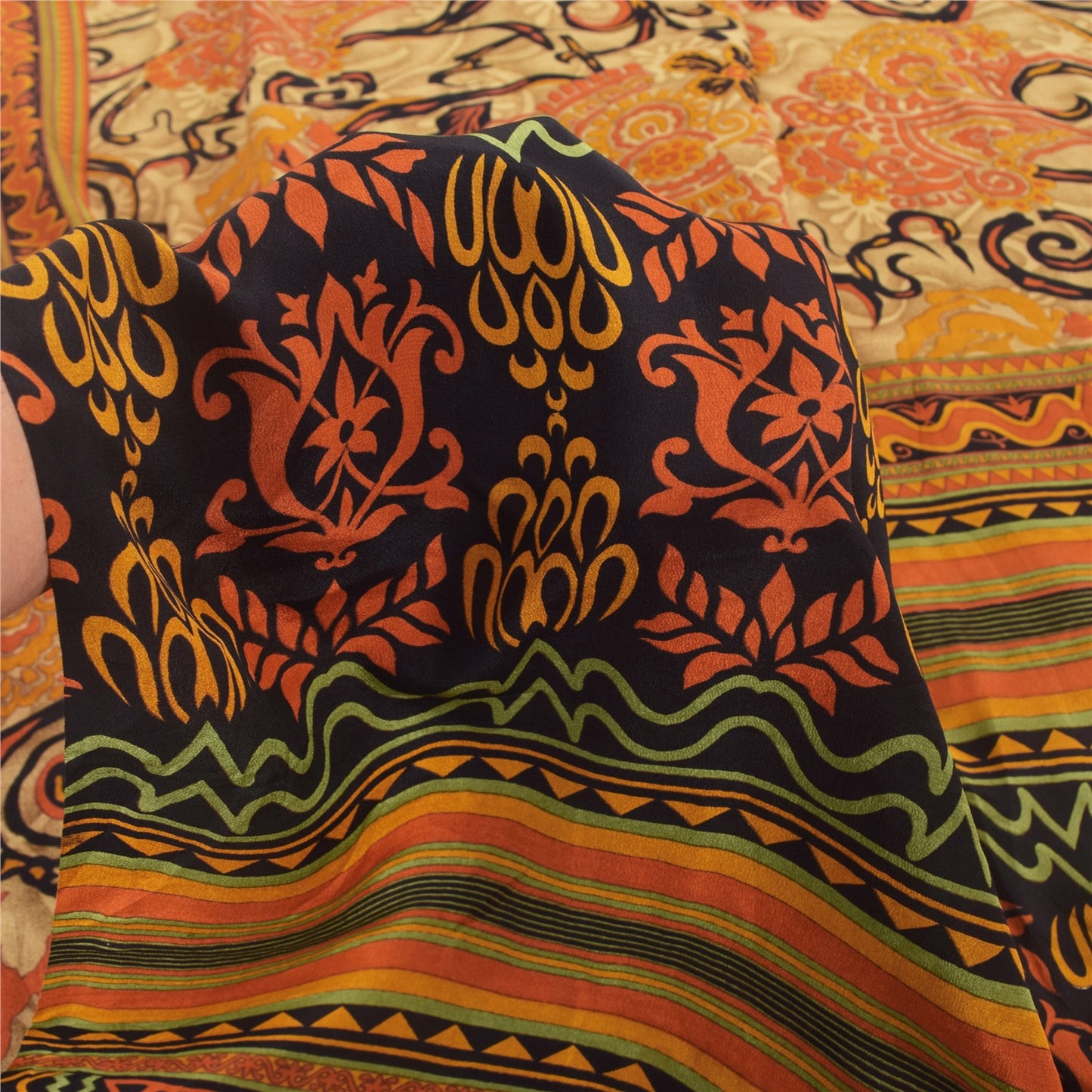 Sanskriti Vintage Sarees Orange 100% Pure Crepe Silk Print Sari 5yd Craft Sustainable Fabric