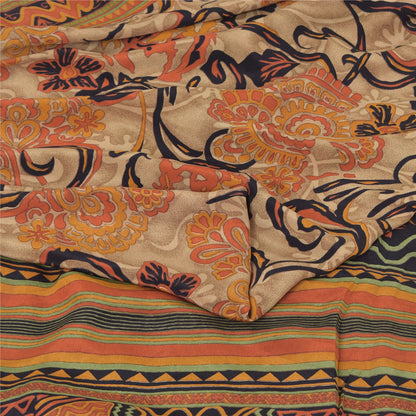 Sanskriti Vintage Sarees Orange 100% Pure Crepe Silk Print Sari 5yd Craft Sustainable Fabric