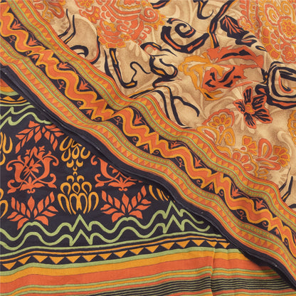 Sanskriti Vintage Sarees Orange 100% Pure Crepe Silk Print Sari 5yd Craft Sustainable Fabric