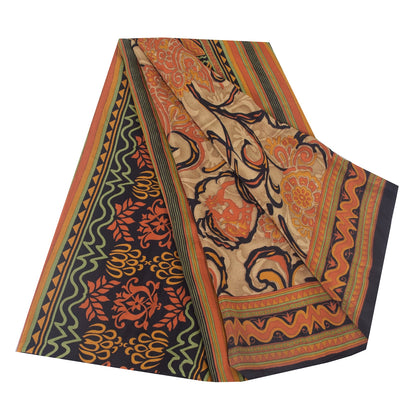 Sanskriti Vintage Sarees Orange 100% Pure Crepe Silk Print Sari 5yd Craft Sustainable Fabric