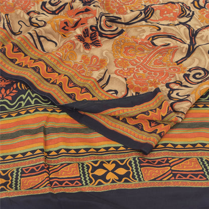 Sanskriti Vintage Sarees Orange 100% Pure Crepe Silk Print Sari 5yd Craft Sustainable Fabric