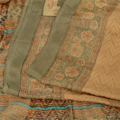 Sanskriti Vintage Sarees Brown Blend Crepe Printed Woven Sari 5yd Craft Sustainable Fabric