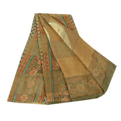 Sanskriti Vintage Sarees Brown Blend Crepe Printed Woven Sari 5yd Craft Sustainable Fabric
