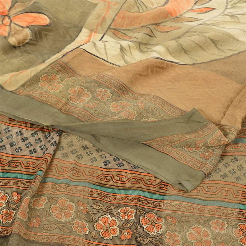 Sanskriti Vintage Blend Crepe Brown Printed Woven Saree 5Yd Craft Fabric upholstery fabric
