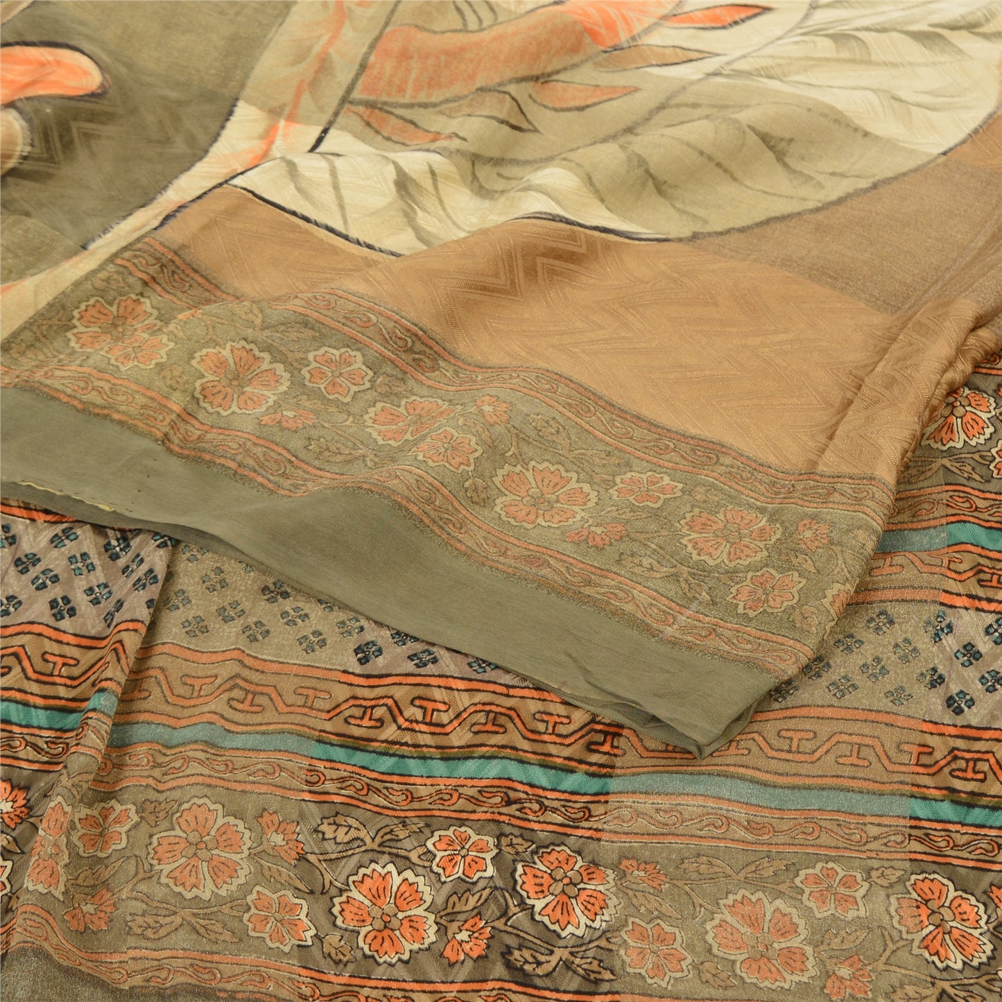 Sanskriti Vintage Sarees Brown Blend Crepe Printed Woven Sari 5yd Craft Sustainable Fabric