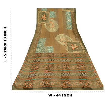 Sanskriti Vintage Sarees Brown Blend Crepe Printed Woven Sari 5yd Craft Sustainable Fabric