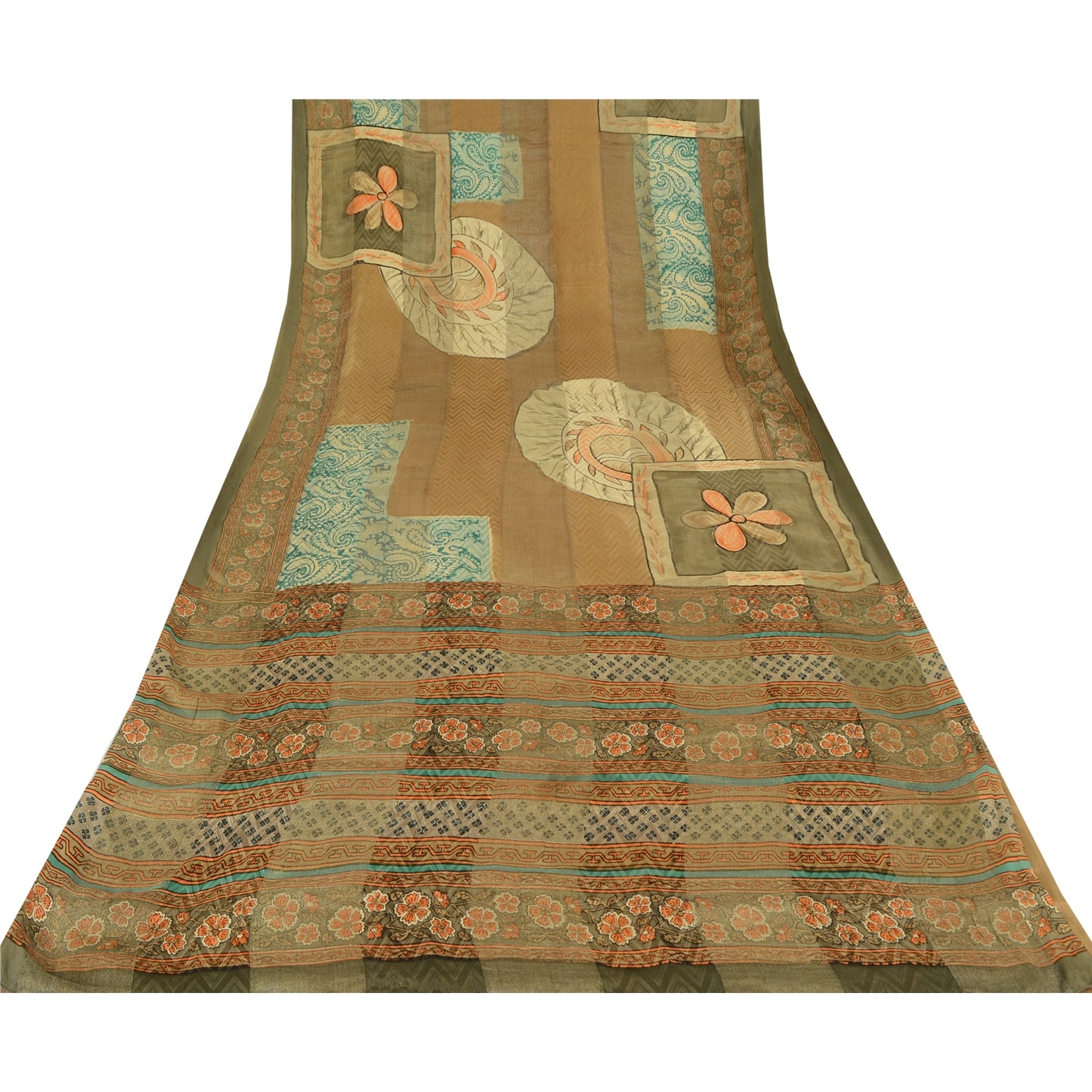 Sanskriti Vintage Sarees Brown Blend Crepe Printed Woven Sari 5yd Craft Sustainable Fabric