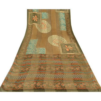 Sanskriti Vintage Sarees Brown Blend Crepe Printed Woven Sari 5yd Craft Sustainable Fabric