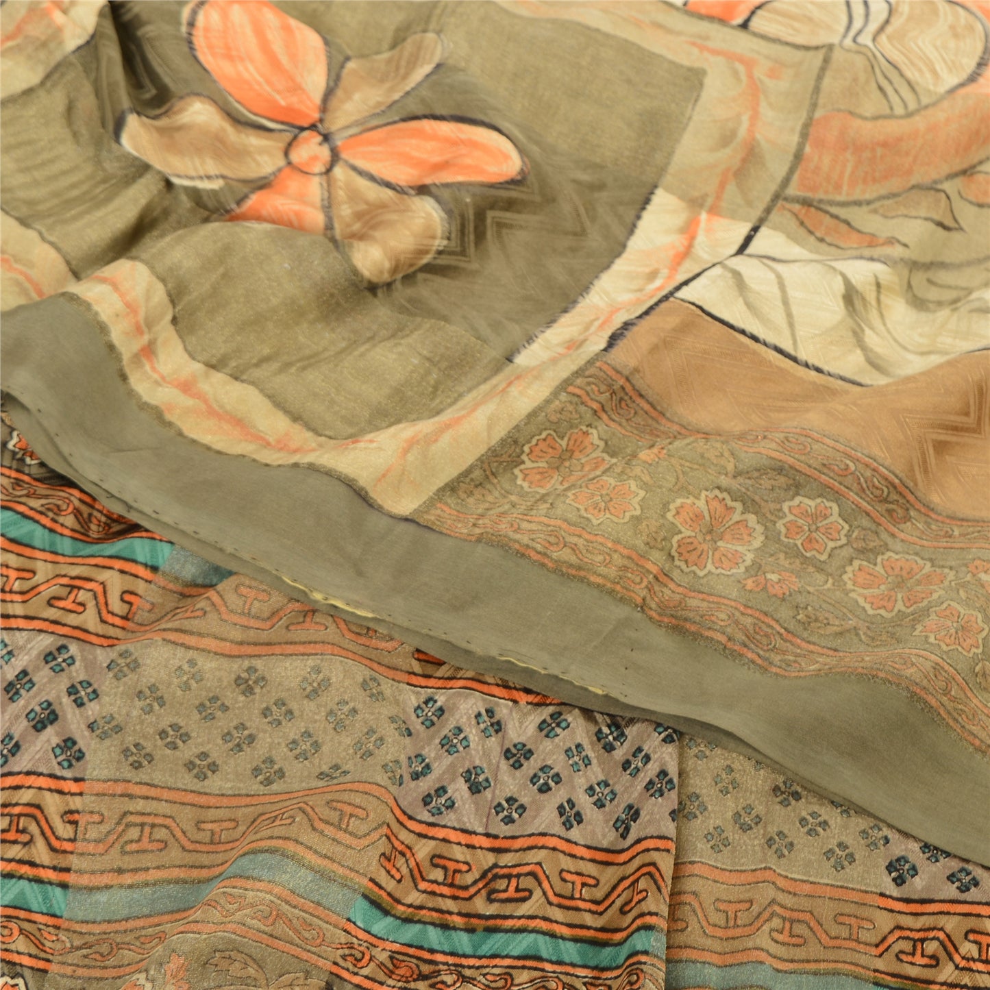 Sanskriti Vintage Sarees Brown Blend Crepe Printed Woven Sari 5yd Craft Sustainable Fabric