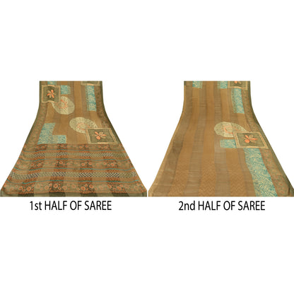 Sanskriti Vintage Sarees Brown Blend Crepe Printed Woven Sari 5yd Craft Sustainable Fabric