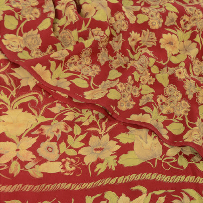 Sanskriti Vintage Sarees Red 100% Pure Crepe Silk Printed Sari 5yd Craft Sustainable Fabric