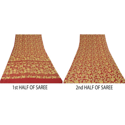 Sanskriti Vintage Sarees Red 100% Pure Crepe Silk Printed Sari 5yd Craft Sustainable Fabric