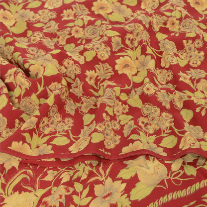 Sanskriti Vintage Sarees Red 100% Pure Crepe Silk Printed Sari 5yd Craft Sustainable Fabric