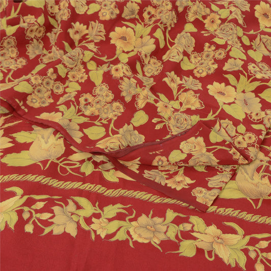 Sanskriti Vintage Sarees Red 100% Pure Crepe Silk Printed Sari 5yd Craft Sustainable Fabric