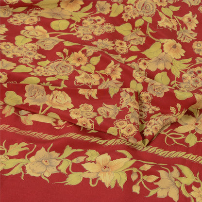 Sanskriti Vintage Sarees Red 100% Pure Crepe Silk Printed Sari 5yd Craft Sustainable Fabric