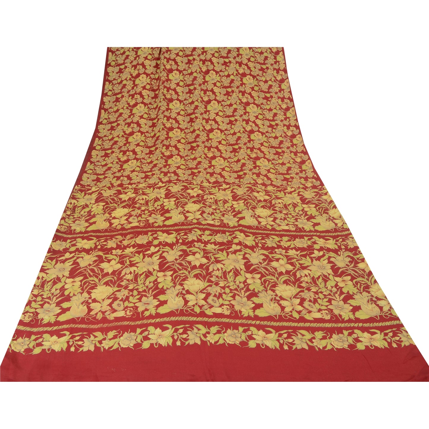 Sanskriti Vintage Sarees Red 100% Pure Crepe Silk Printed Sari 5yd Craft Sustainable Fabric