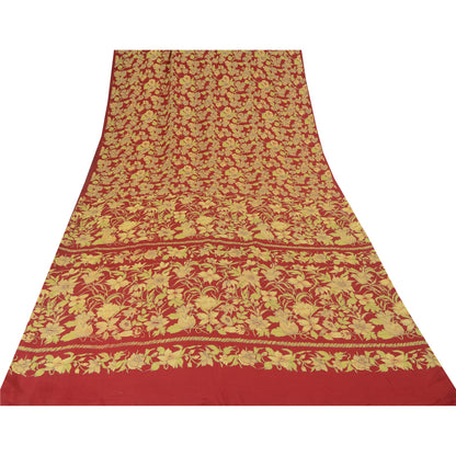 Sanskriti Vintage Sarees Red 100% Pure Crepe Silk Printed Sari 5yd Craft Sustainable Fabric
