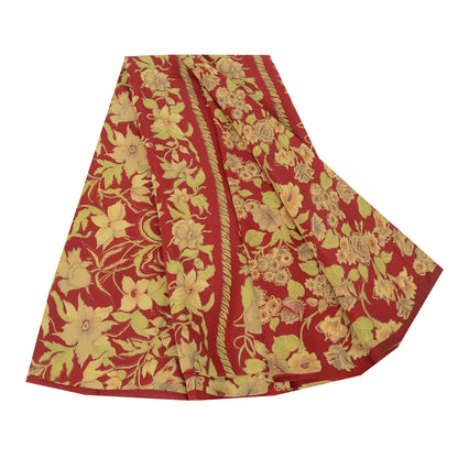 Sanskriti Vintage Sarees Red 100% Pure Crepe Silk Printed Sari 5yd Craft Sustainable Fabric
