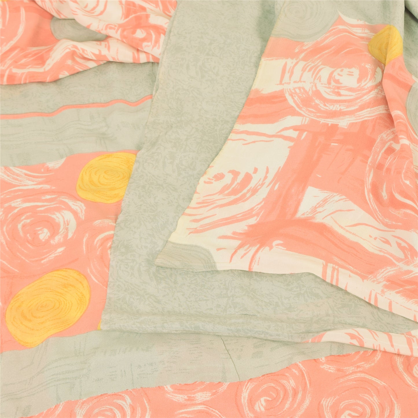 Sanskriti Vintage Sarees Indian Cream Blend Crepe Printed Sari 5yd Craft Sustainable Fabric