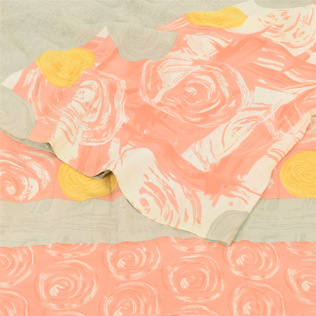 Sanskriti Vintage Sarees Indian Cream Blend Crepe Printed Sari 5yd Craft Sustainable Fabric