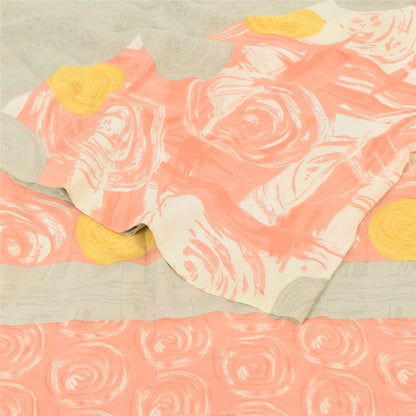 Sanskriti Vintage Sarees Indian Cream Blend Crepe Printed Sari 5yd Craft Sustainable Fabric