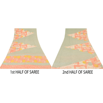 Sanskriti Vintage Sarees Indian Cream Blend Crepe Printed Sari 5yd Craft Sustainable Fabric