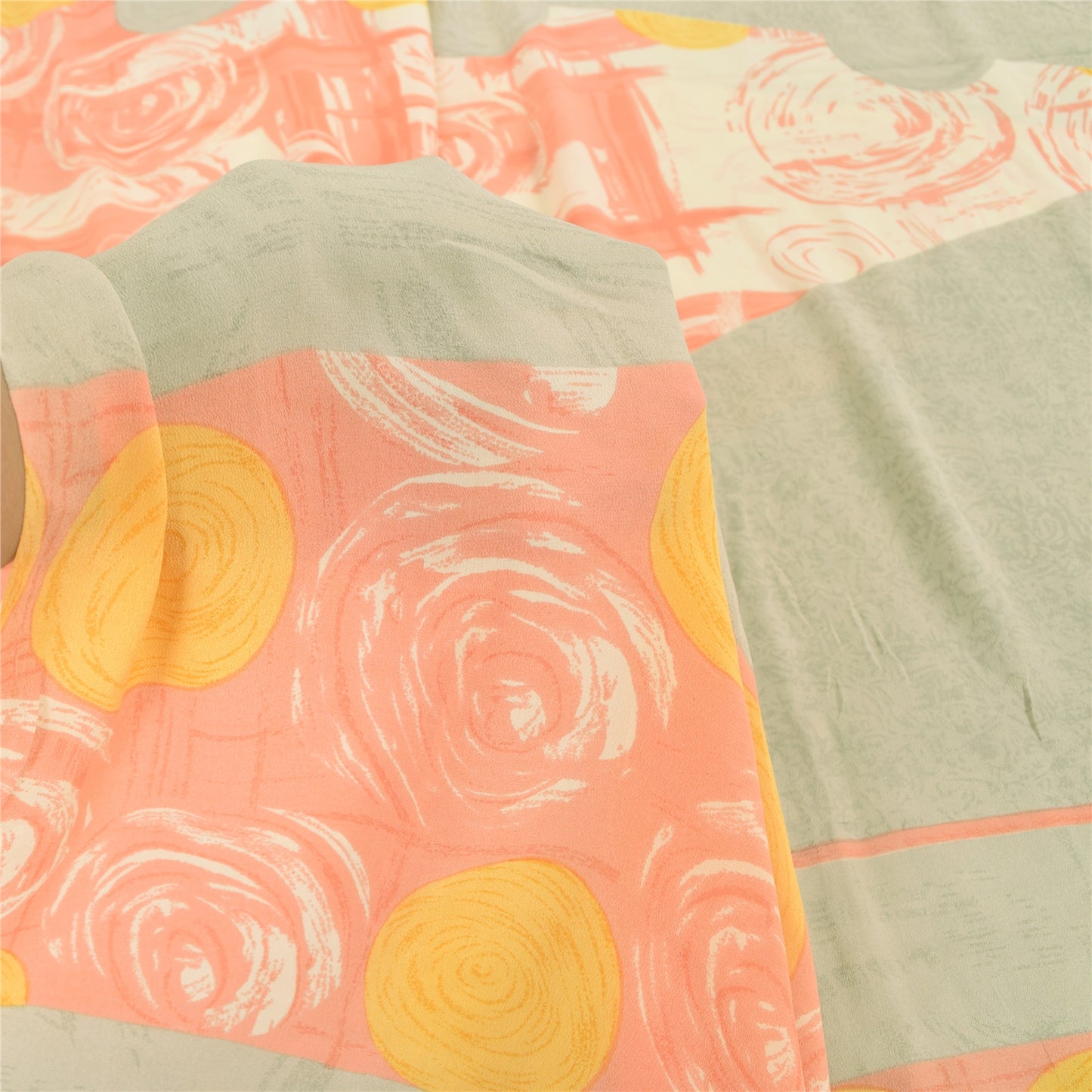 Sanskriti Vintage Sarees Indian Cream Blend Crepe Printed Sari 5yd Craft Sustainable Fabric