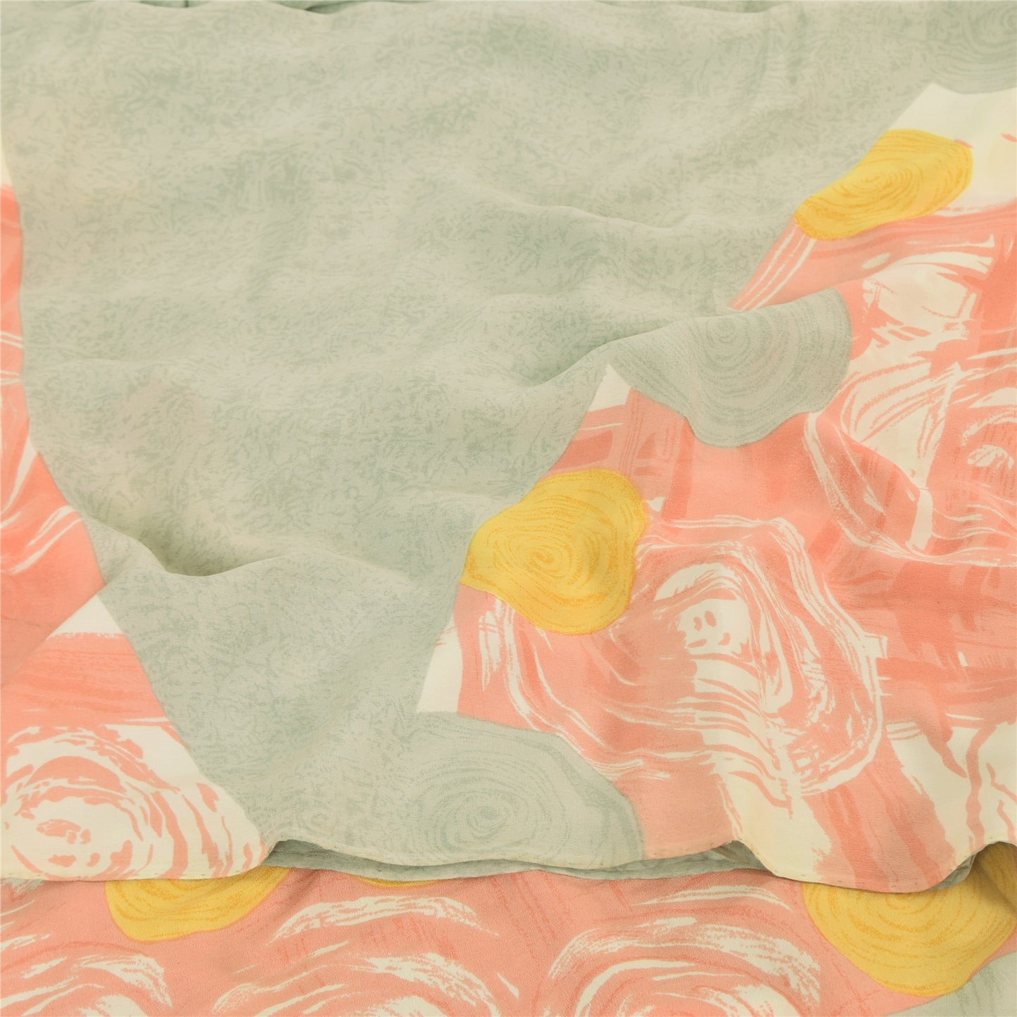 Sanskriti Vintage Sarees Indian Cream Blend Crepe Printed Sari 5yd Craft Sustainable Fabric