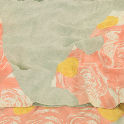 Sanskriti Vintage Sarees Indian Cream Blend Crepe Printed Sari 5yd Craft Sustainable Fabric