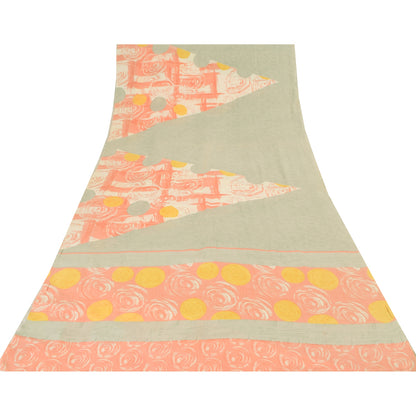 Sanskriti Vintage Sarees Indian Cream Blend Crepe Printed Sari 5yd Craft Sustainable Fabric