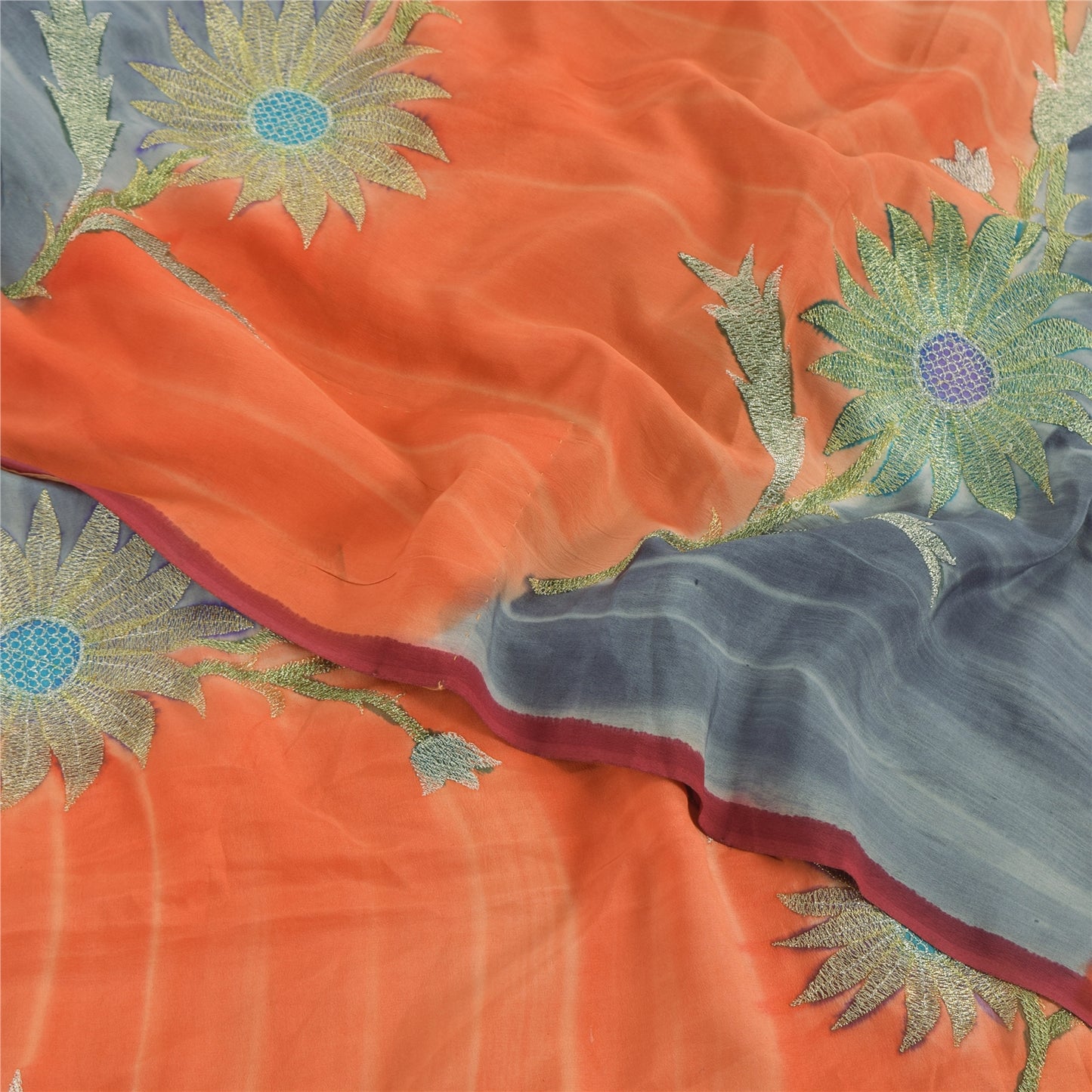 Sanskriti Vintage Sarees Gray/Orange Embroidery Pure Crepe Sari 5yd Craft Sustainable Fabric