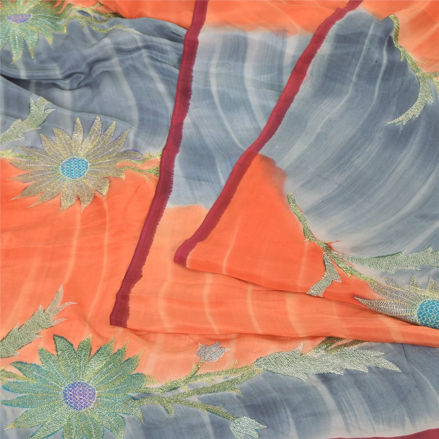 Sanskriti Vintage Sarees Gray/Orange Embroidery Pure Crepe Sari 5yd Craft Sustainable Fabric