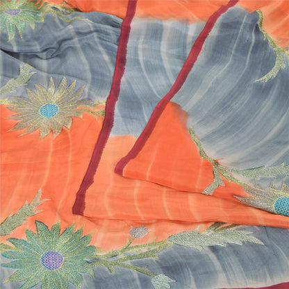 Sanskriti Vintage Sarees Gray/Orange Embroidery Pure Crepe Sari 5yd Craft Sustainable Fabric