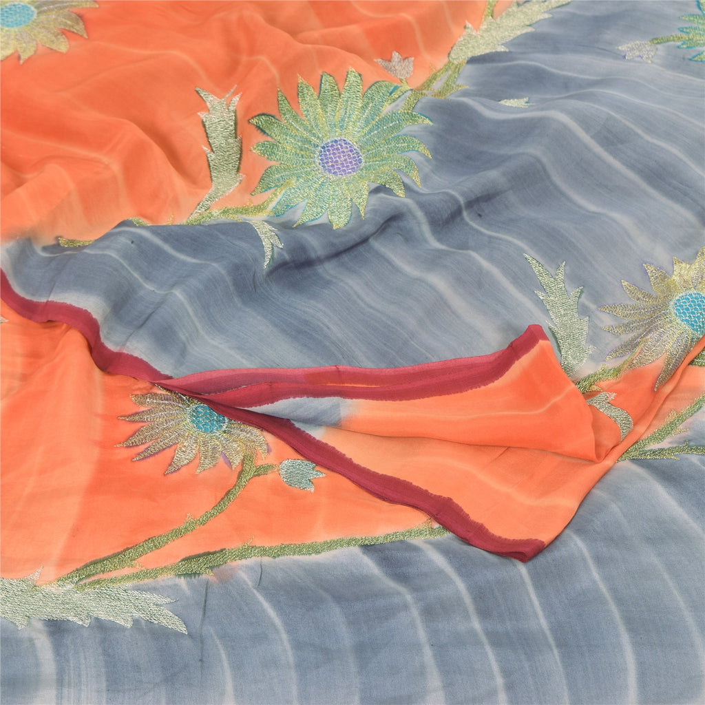 Sanskriti Vintage Sarees Gray/Orange Embroidery Pure Crepe Sari 5yd Craft Sustainable Fabric