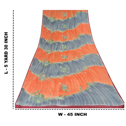 Sanskriti Vintage Sarees Gray/Orange Embroidery Pure Crepe Sari 5yd Craft Sustainable Fabric