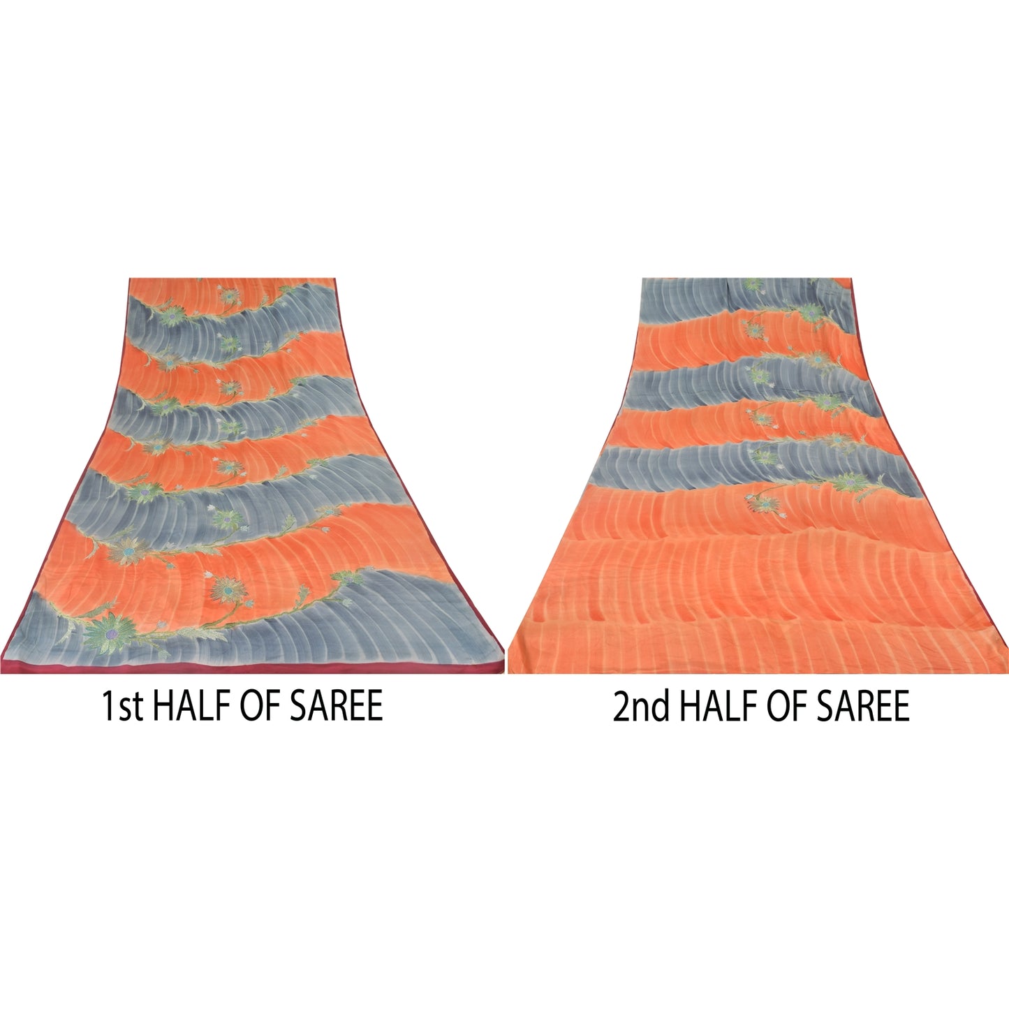 Sanskriti Vintage Sarees Gray/Orange Embroidery Pure Crepe Sari 5yd Craft Sustainable Fabric