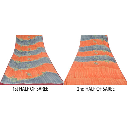 Sanskriti Vintage Sarees Gray/Orange Embroidery Pure Crepe Sari 5yd Craft Sustainable Fabric