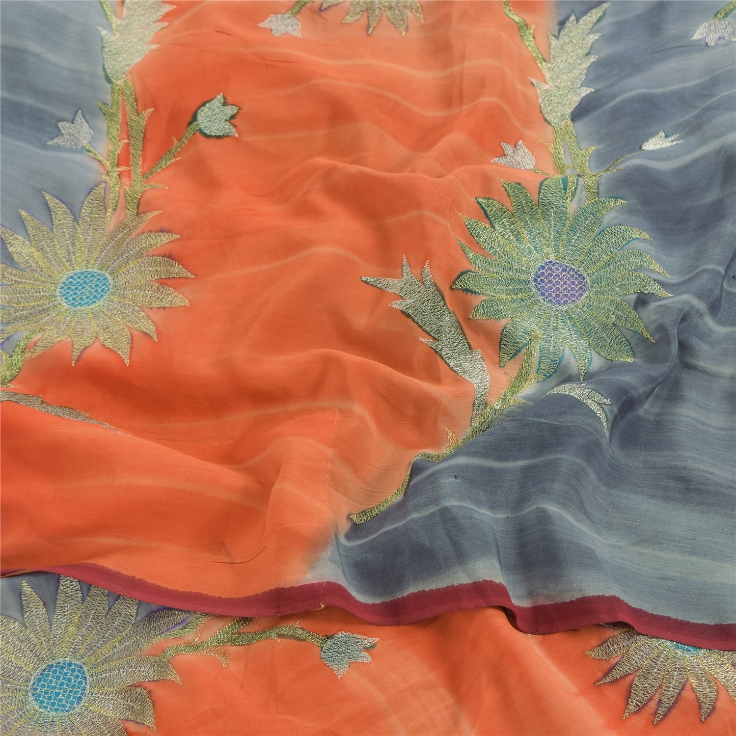 Sanskriti Vintage Sarees Gray/Orange Embroidery Pure Crepe Sari 5yd Craft Sustainable Fabric