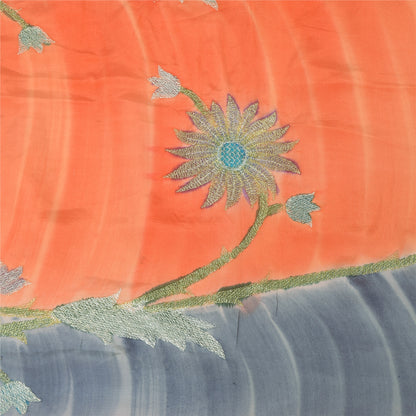 Sanskriti Vintage Sarees Gray/Orange Embroidery Pure Crepe Sari 5yd Craft Sustainable Fabric