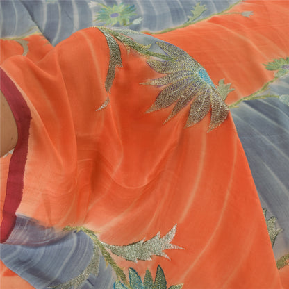 Sanskriti Vintage Sarees Gray/Orange Embroidery Pure Crepe Sari 5yd Craft Sustainable Fabric