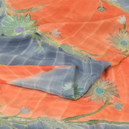 Sanskriti Vintage Sarees Gray/Orange Embroidery Pure Crepe Sari 5yd Craft Sustainable Fabric