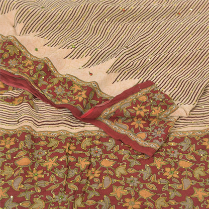 Sanskriti Vintage Sarees Ivory Hand Beaded Pure Crepe Printed Sari 5yd Sustainable Fabric