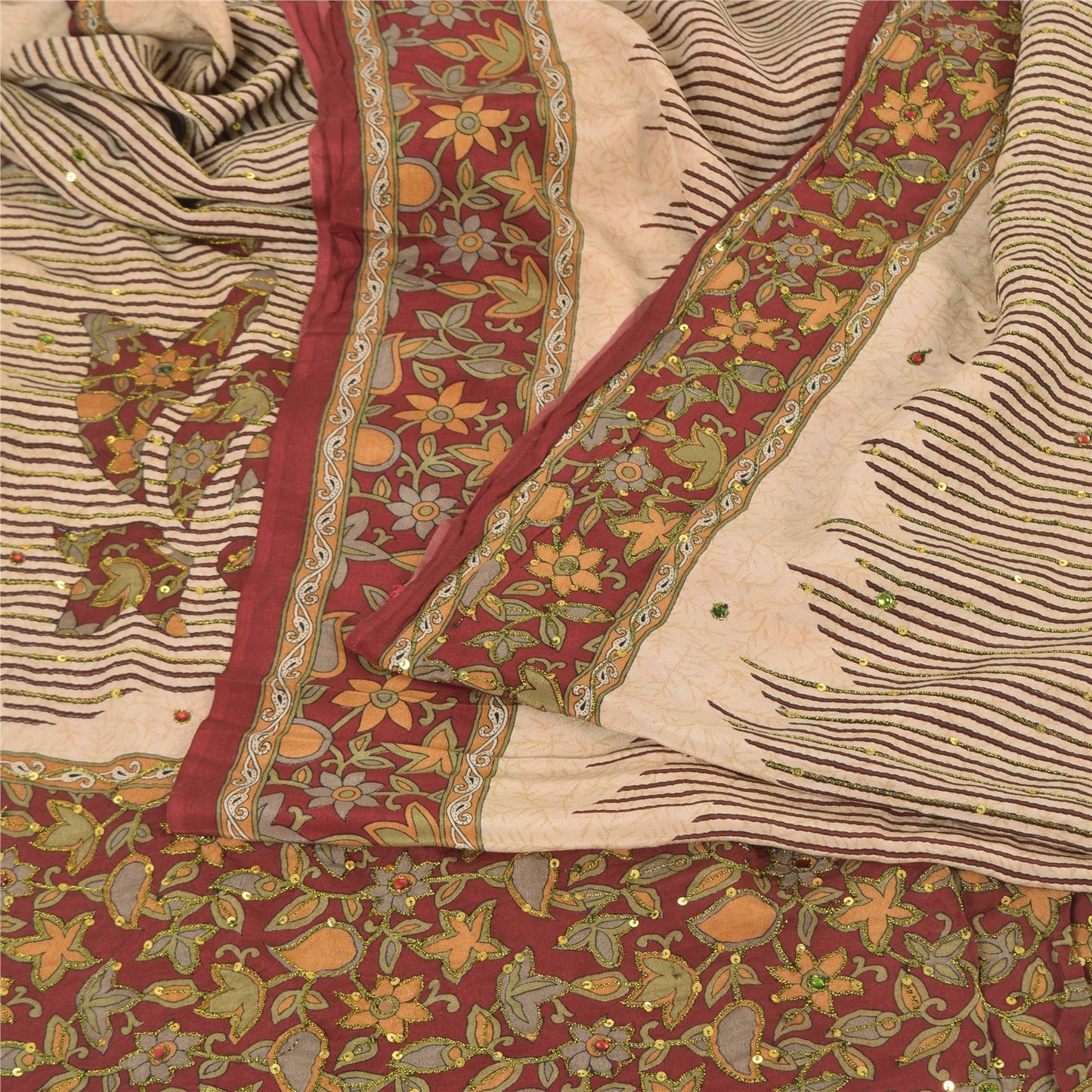 Sanskriti Vintage Sarees Ivory Hand Beaded Pure Crepe Printed Sari 5yd Sustainable Fabric